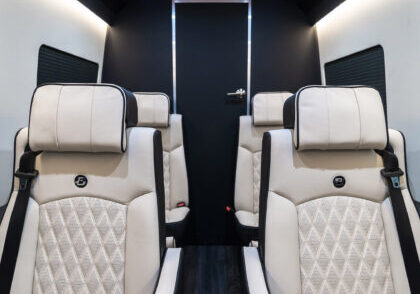 Custom Interior Bespoke Mercedes Benz Luxury Sprinter Van Conversion, Bathroom, & Luxury Mobile Offices.