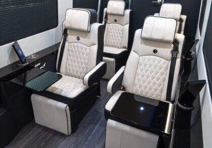 Custom Interior Bespoke Mercedes Benz Luxury Sprinter Van Conversion, Bathroom, & Luxury Mobile Offices.