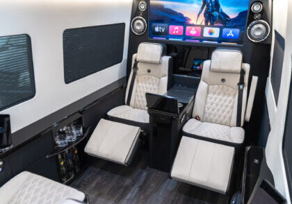 Custom Interior Bespoke Mercedes Benz Luxury Sprinter Van Conversion, Bathroom, & Luxury Mobile Offices.